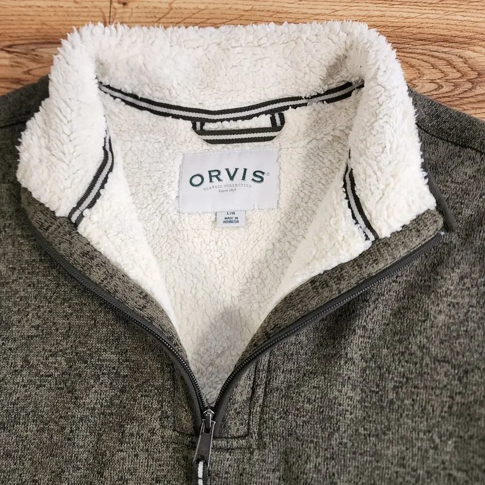 Orvis Sweater Mens‎ L Green/Gray Quarter Zip Sherpa Fleece Lined Knit Pullover